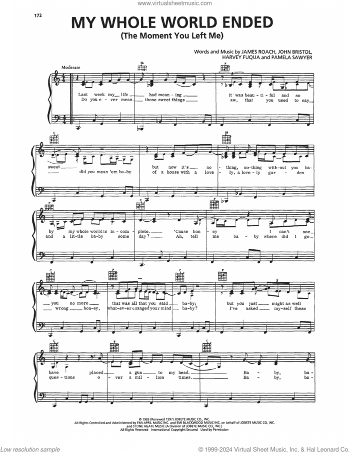 My Whole World Ended (The Moment You Left Me) sheet music for voice, piano or guitar by David Ruffin, Harvey Fuqua, James Roach, John Bristol and Pamela Sawyer, intermediate skill level