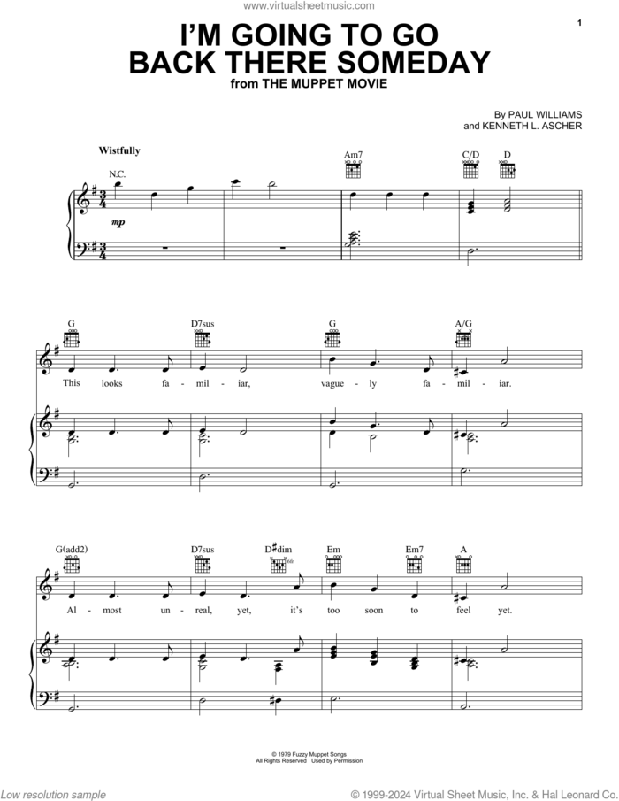I'm Going To Go Back There Someday (from The Muppet Movie) sheet music for voice, piano or guitar by Gonzo, Kenneth L. Ascher and Paul Williams, intermediate skill level