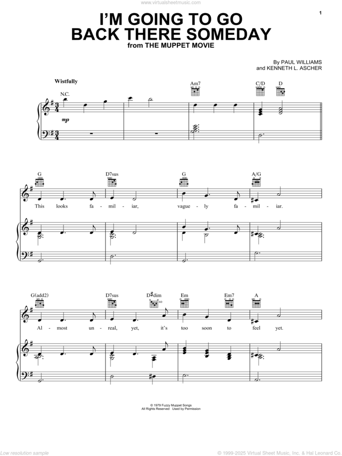 I'm Going To Go Back There Someday (from The Muppet Movie) sheet music for voice, piano or guitar by Gonzo, Kenneth L. Ascher and Paul Williams, intermediate skill level