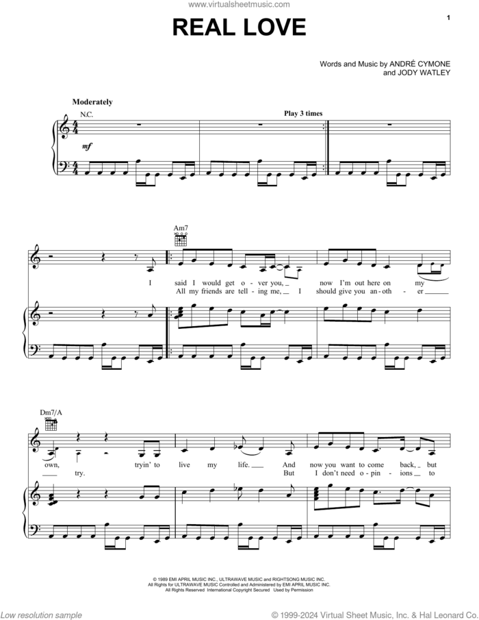 Real Love sheet music for voice, piano or guitar by Jody Watley and Andre Cymone, intermediate skill level