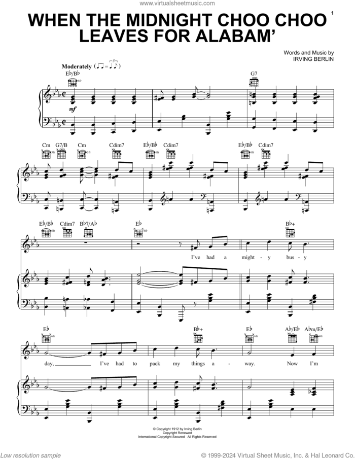 When The Midnight Choo Choo Leaves For Alabam' (from There's No Business Like Show Business) sheet music for voice, piano or guitar by Irving Berlin, intermediate skill level