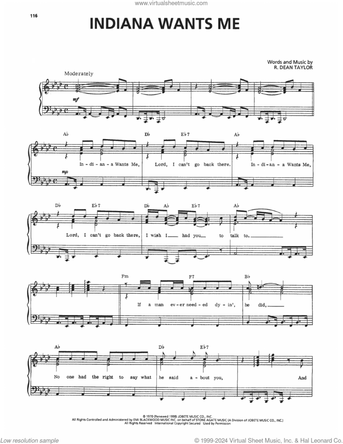 Indiana Wants Me sheet music for voice, piano or guitar by R. Dean Taylor, intermediate skill level