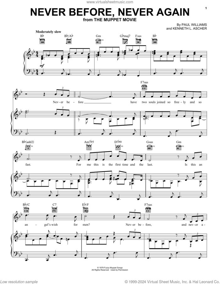 Never Before, Never Again (from The Muppet Movie) sheet music for voice, piano or guitar by Miss Piggy, Kenneth L. Ascher and Paul Williams, intermediate skill level