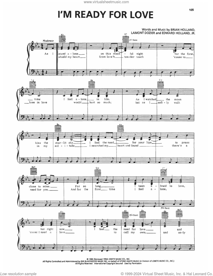 I'm Ready For Love sheet music for voice, piano or guitar by Martha Reeves & The Vandellas, Brian Holland, Edward Holland, Jr. and Lamont Dozier, intermediate skill level