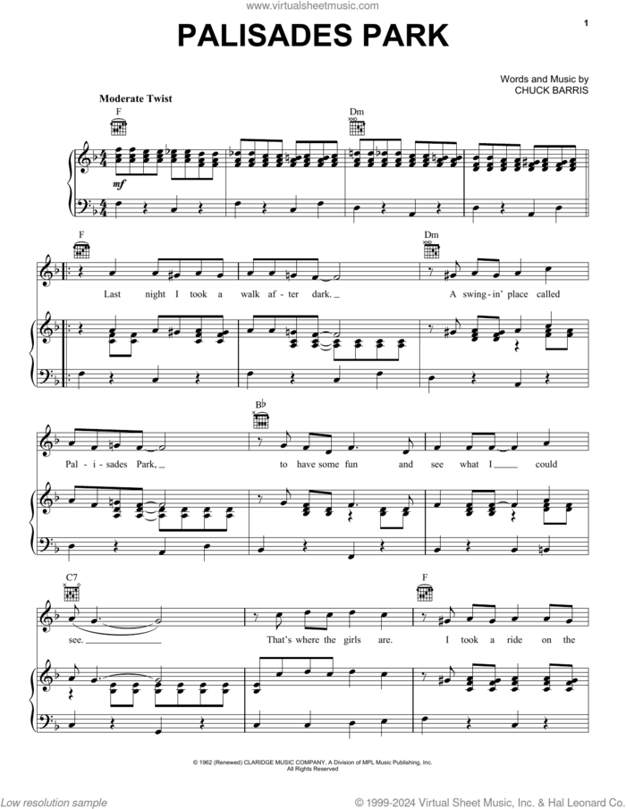 Palisades Park sheet music for voice, piano or guitar by Freddy Cannon and Chuck Barris, intermediate skill level