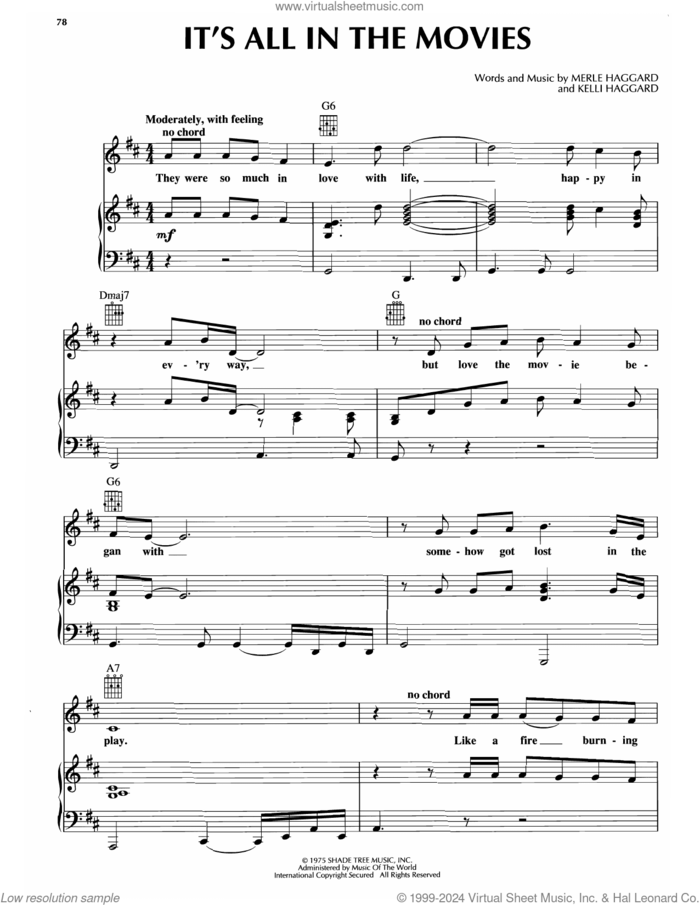 It's All In The Movies sheet music for voice, piano or guitar by Merle Haggard and Kelli Haggard, intermediate skill level