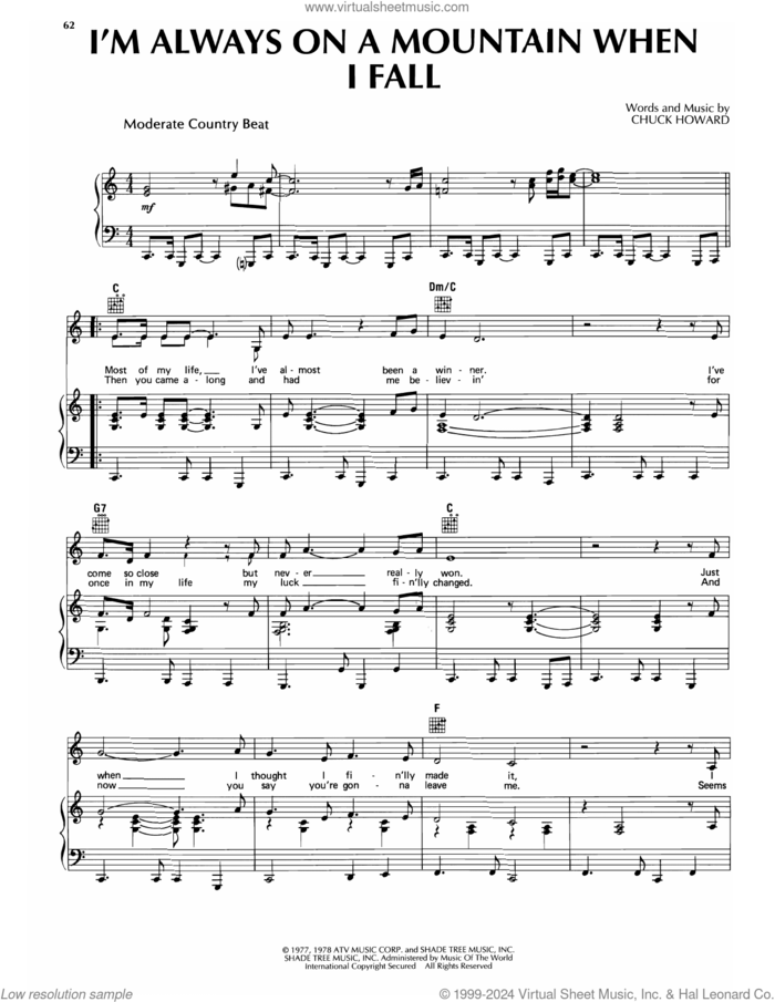 I'm Always On A Mountain When I Fall sheet music for voice, piano or guitar by Merle Haggard and Chuck Howard, intermediate skill level