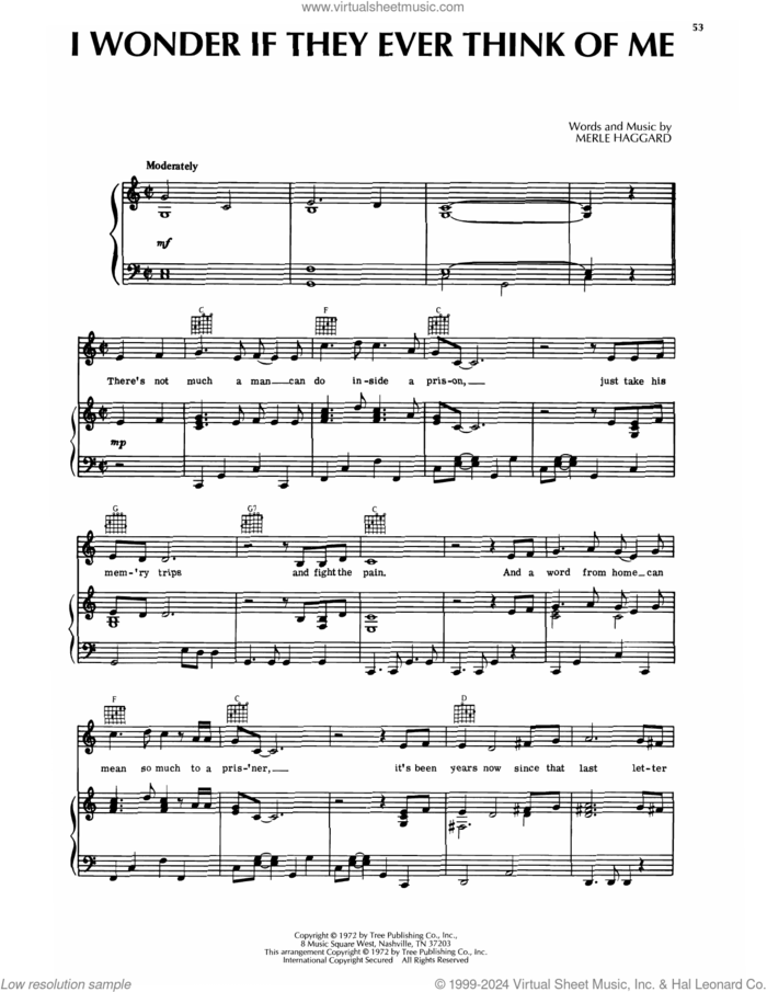 I Wonder If They Ever Think Of Me sheet music for voice, piano or guitar by Merle Haggard, intermediate skill level