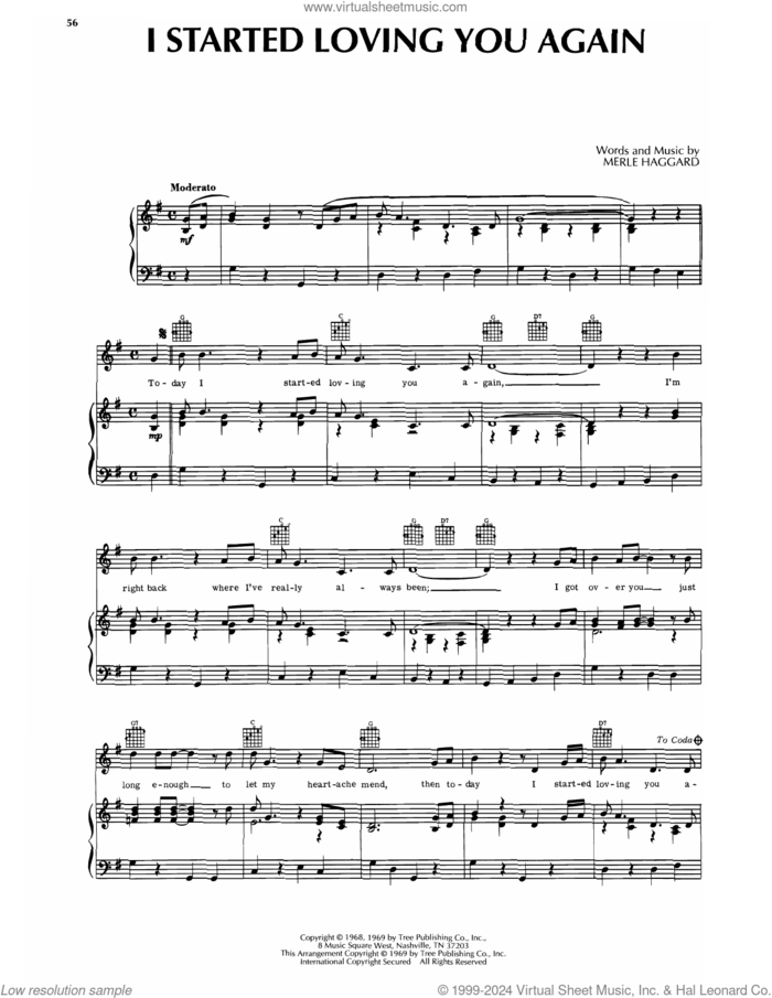 Today I Started Loving You Again sheet music for voice, piano or guitar by Merle Haggard, intermediate skill level