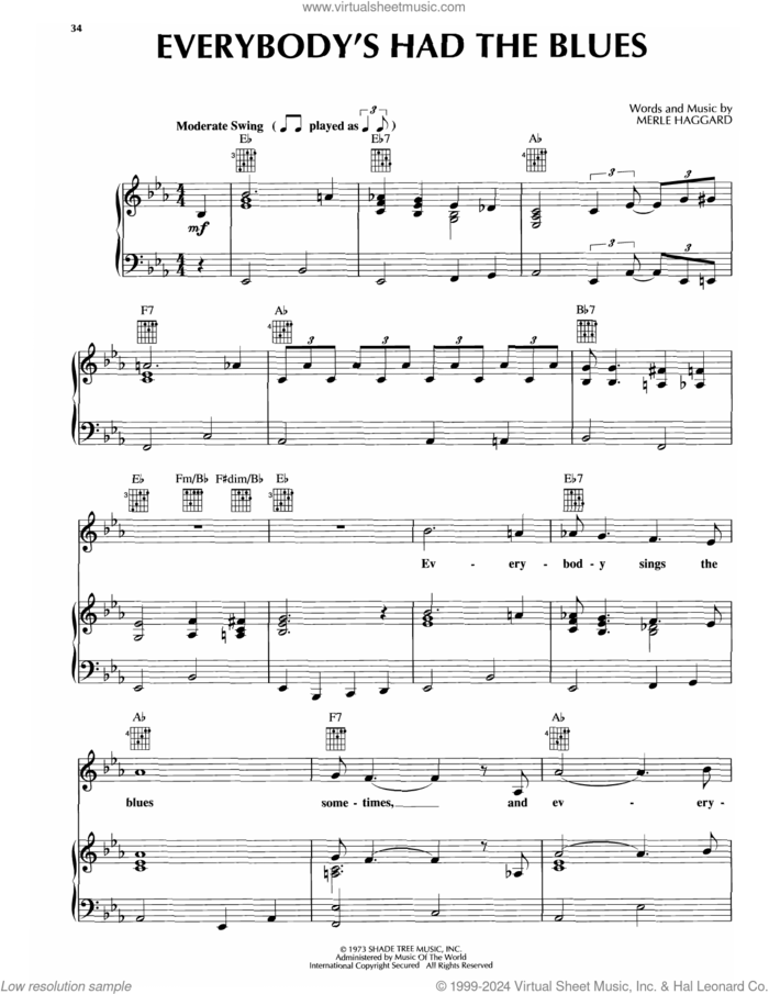 Everybody's Had The Blues sheet music for voice, piano or guitar by Merle Haggard, intermediate skill level