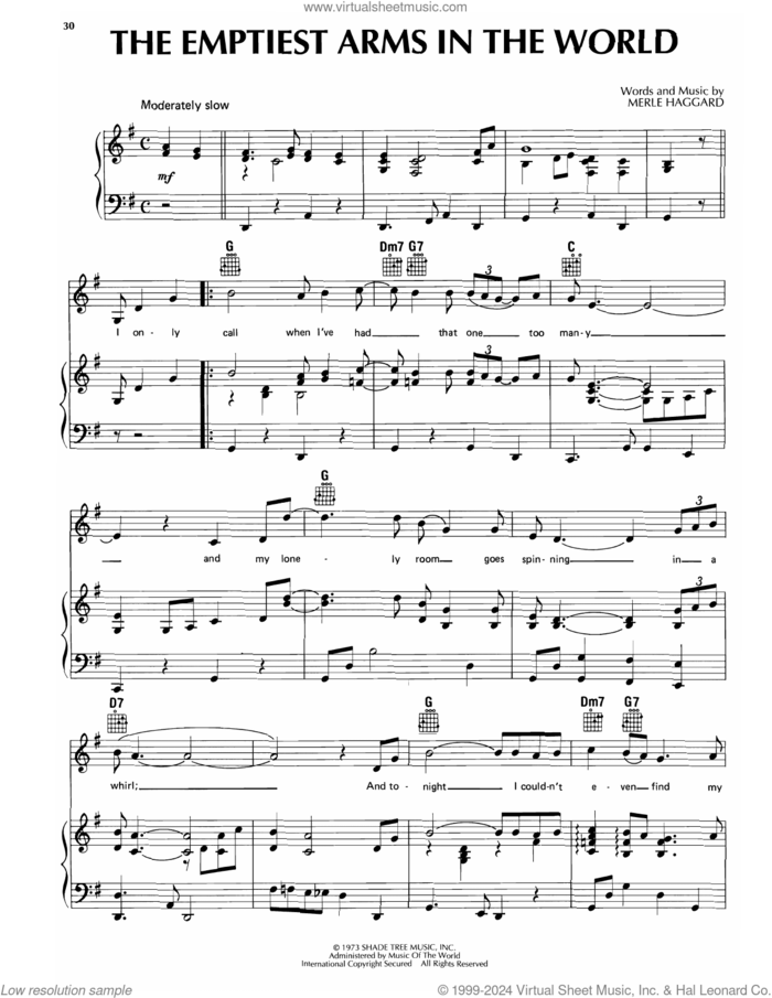 The Emptiest Arms In The World sheet music for voice, piano or guitar by Merle Haggard, intermediate skill level