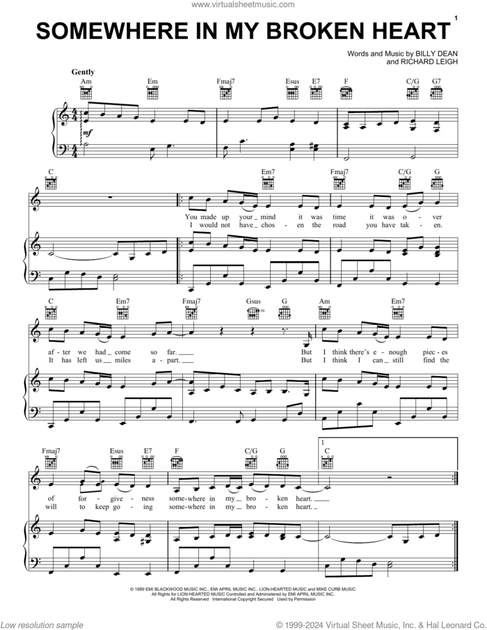Somewhere In My Broken Heart sheet music for voice, piano or guitar by Billy Dean and Richard Leigh, intermediate skill level