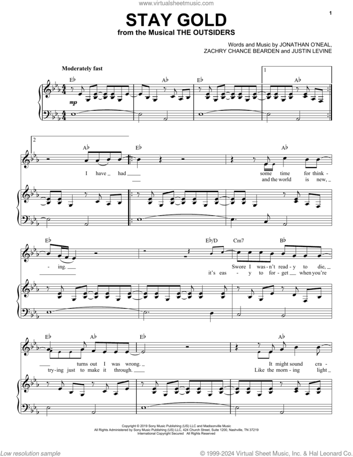 Stay Gold (from The Outsiders) sheet music for voice and piano by Jonathan O'Neal and Zachry Chance Bearden and Justin Levine, Justin Levine and Zachry Chance Bearden, intermediate skill level