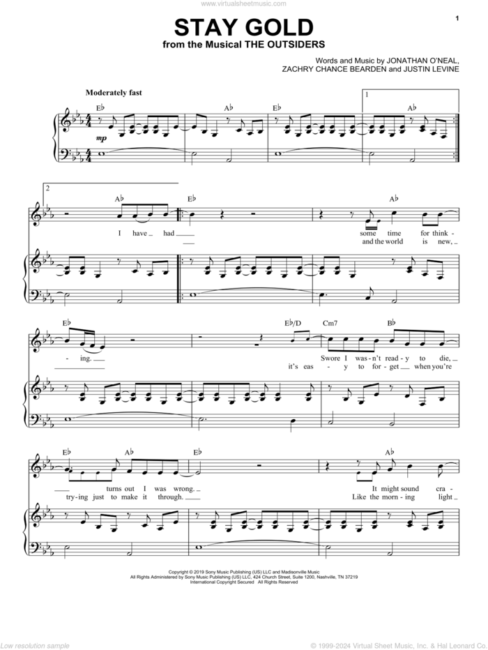 Stay Gold (from The Outsiders) sheet music for voice and piano by Jonathan O'Neal and Zachry Chance Bearden and Justin Levine, Justin Levine and Zachry Chance Bearden, intermediate skill level