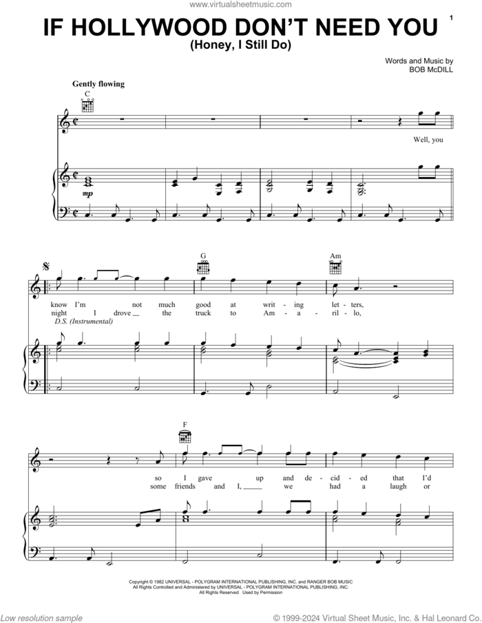 If Hollywood Don't Need You (Honey, I Still Do) sheet music for voice, piano or guitar by Don Williams and Bob McDill, intermediate skill level
