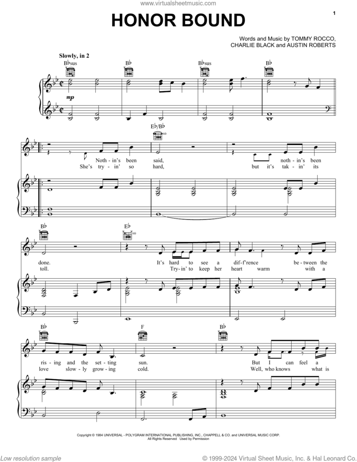 Honor Bound sheet music for voice, piano or guitar by Earl Thomas Conley, Austin Roberts, Charlie Black and Tommy Rocco, intermediate skill level