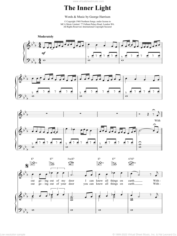 The Inner Light sheet music for voice, piano or guitar by The Beatles and George Harrison, intermediate skill level