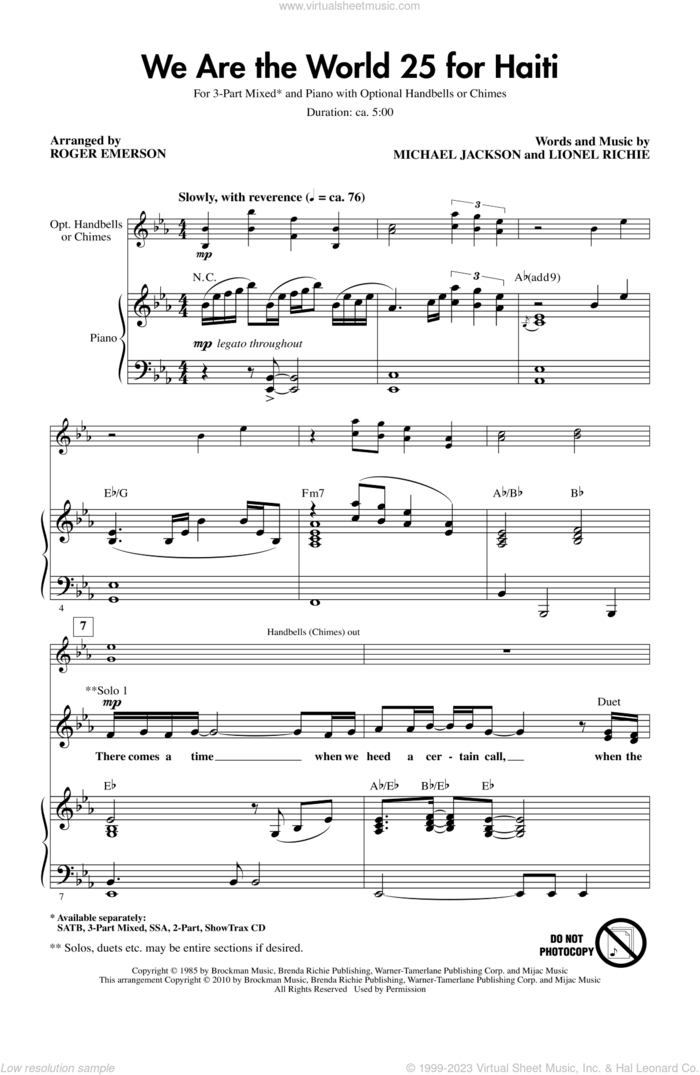 We Are The World 25 For Haiti sheet music for choir (3-Part Mixed) by Michael Jackson, Lionel Richie, Artists For Haiti and Roger Emerson, intermediate skill level
