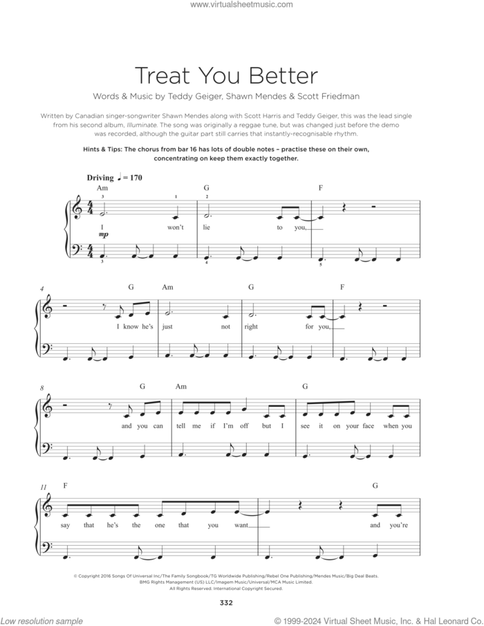 Treat You Better sheet music for piano solo by Shawn Mendes, Scott Friedman and Teddy Geiger, beginner skill level