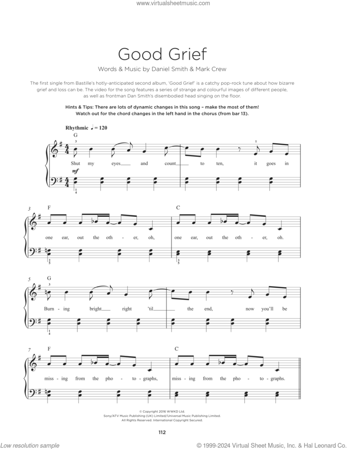Good Grief, (beginner) sheet music for piano solo by Bastille, Dan Smith and Mark Crew, beginner skill level