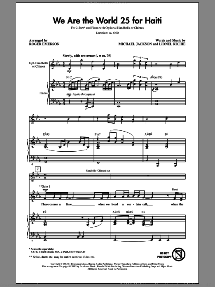 We Are The World 25 For Haiti sheet music for choir (2-Part) by Michael Jackson, Lionel Richie, Artists For Haiti and Roger Emerson, intermediate duet