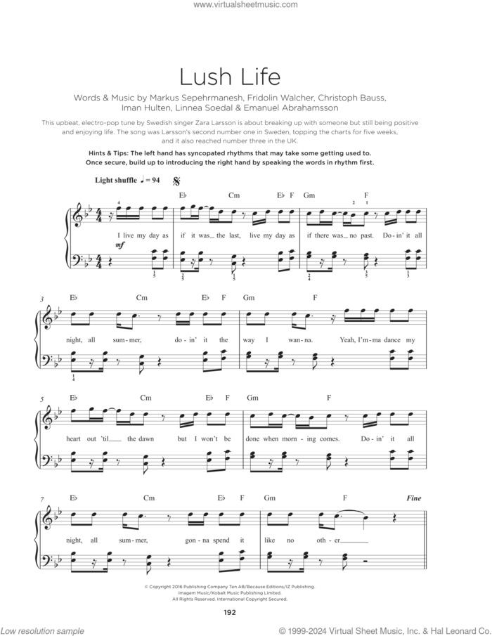 Lush Life, (beginner) sheet music for piano solo by Zara Larsson, Christoph Bauss, Emanuel Abrahamsson, Fridolin Walcher, Iman Conta Hulten, Linnea Sodahl and Markus Sepehrmanesh, beginner skill level