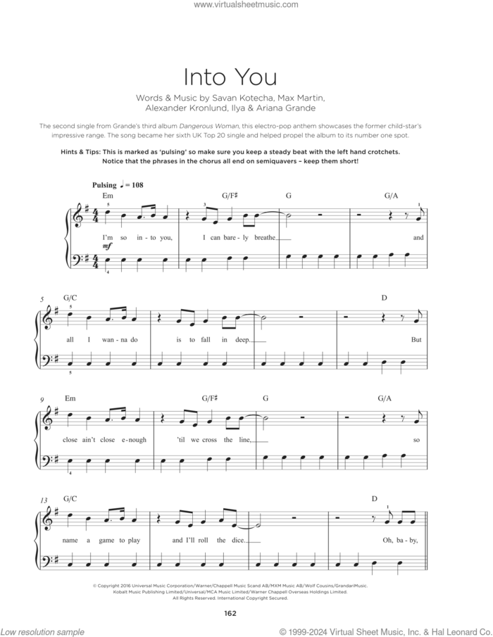 Into You, (beginner) sheet music for piano solo by Ariana Grande, Alexander Kronlund, Ilya, Max Martin and Savan Kotecha, beginner skill level