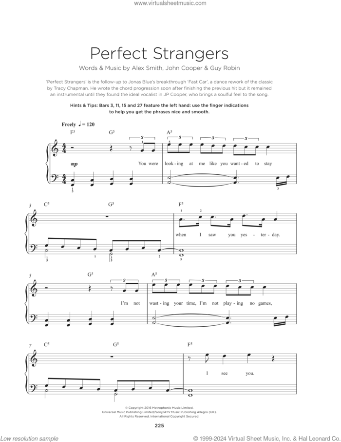 Perfect Strangers, (beginner) sheet music for piano solo by JP Cooper, Alex Smith, John Cooper and Jonas Blue, beginner skill level