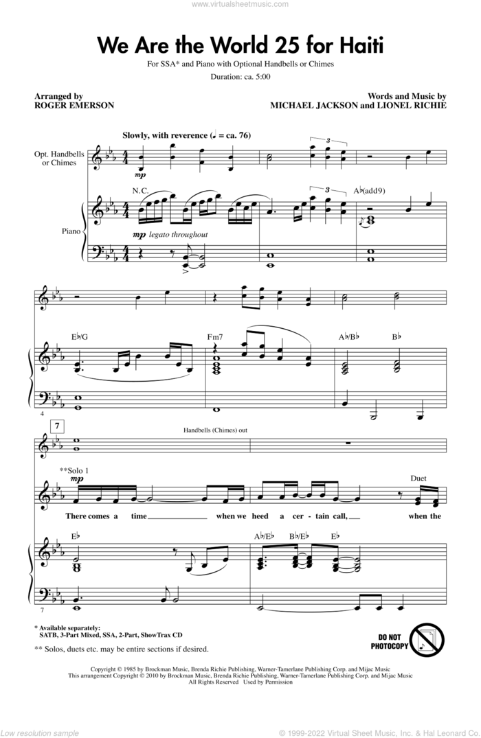 We Are The World 25 For Haiti sheet music for choir (SSA: soprano, alto) by Michael Jackson, Lionel Richie, Artists For Haiti and Roger Emerson, intermediate skill level