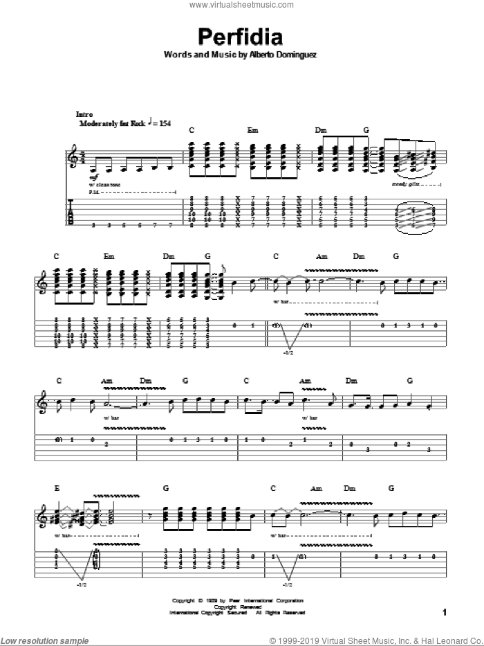 Perfidia sheet music for guitar (tablature, play-along) by The Ventures and Alberto Dominguez, intermediate skill level