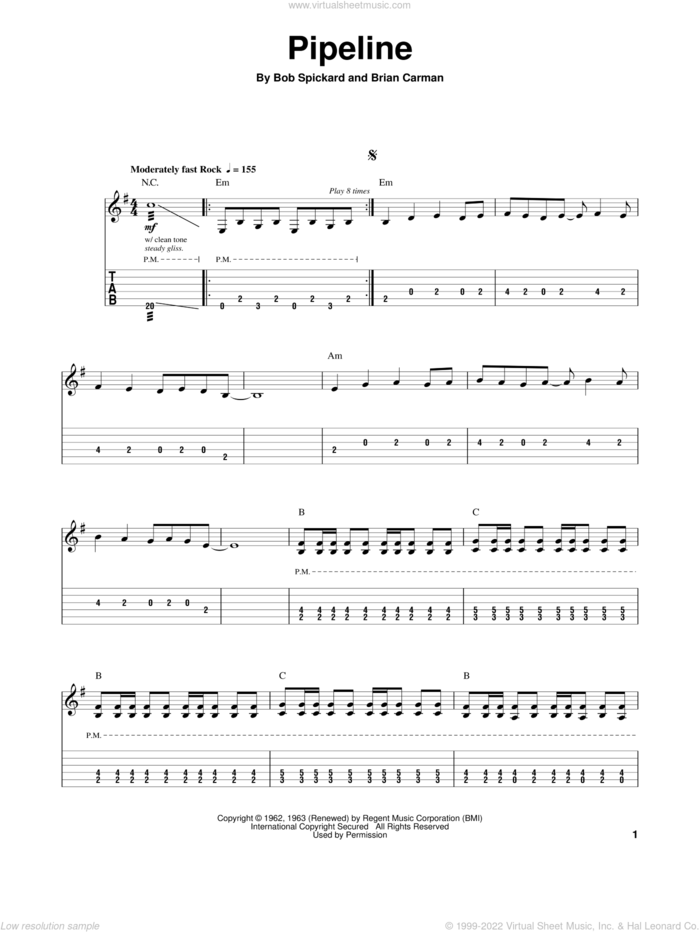 Pipeline sheet music for guitar (tablature, play-along) by The Ventures, The Chantays, Bob Spickard and Brian Carman, intermediate skill level