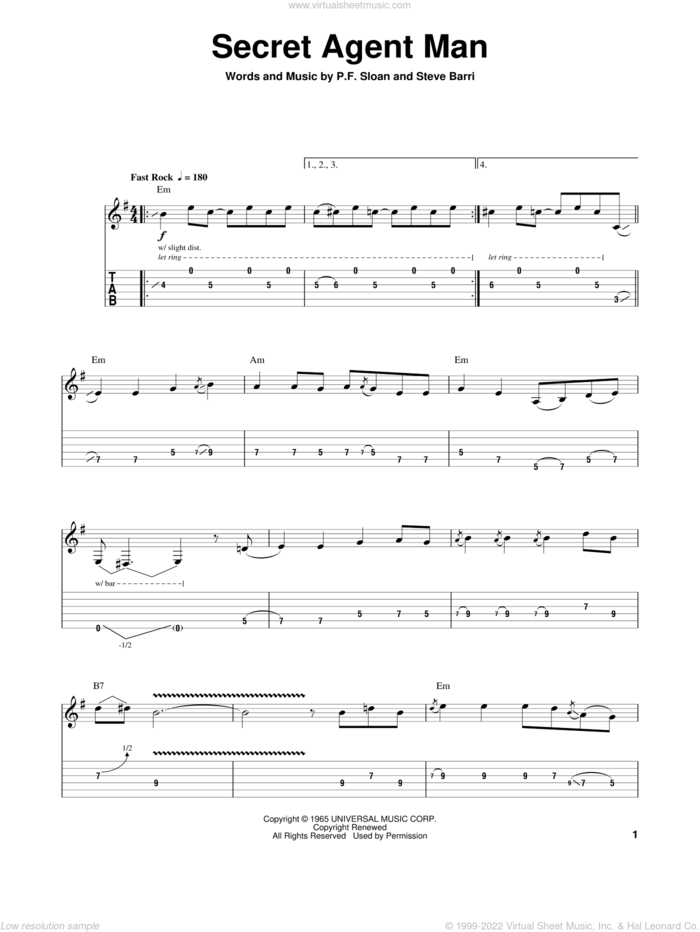Secret Agent Man sheet music for guitar (tablature, play-along) by The Ventures, Johnny Rivers, P.F. Sloan and Steve Barri, intermediate skill level