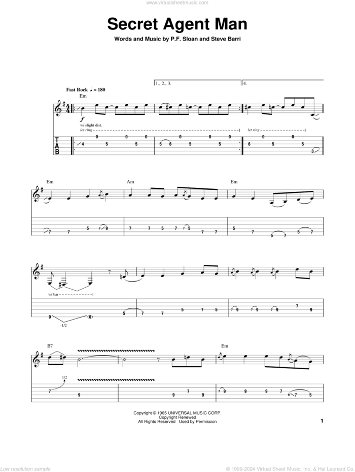 Secret Agent Man sheet music for guitar (tablature, play-along) by The Ventures, Johnny Rivers, P.F. Sloan and Steve Barri, intermediate skill level