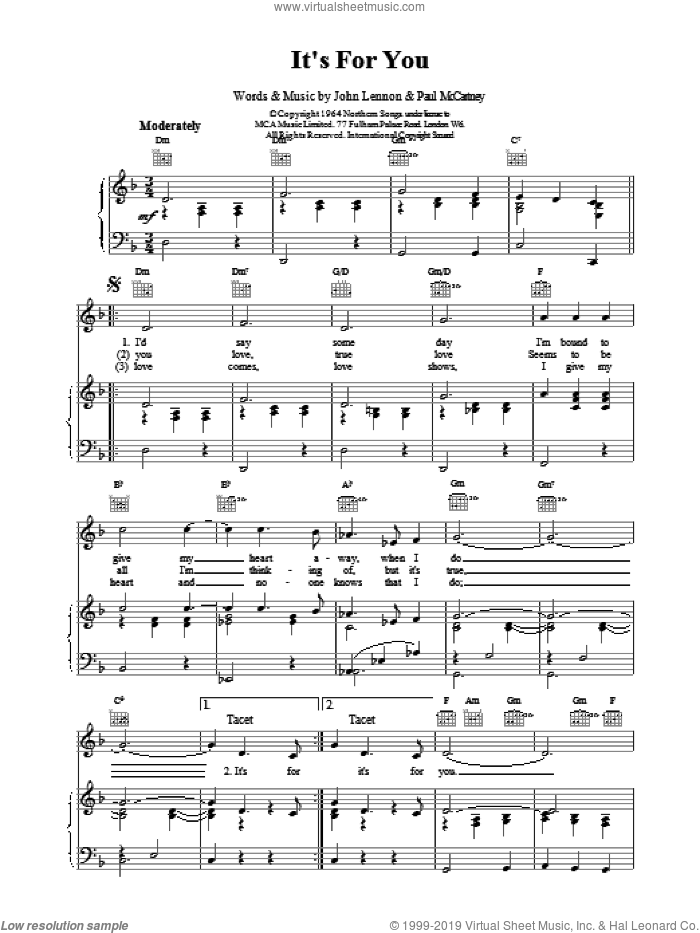 It's For You sheet music for voice, piano or guitar by The Beatles and George Harrison, intermediate skill level