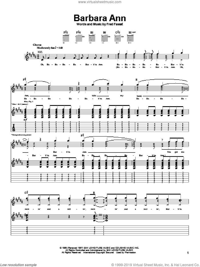 Barbara Ann sheet music for guitar (tablature) by The Beach Boys, The Regents and Fred Fassert, intermediate skill level