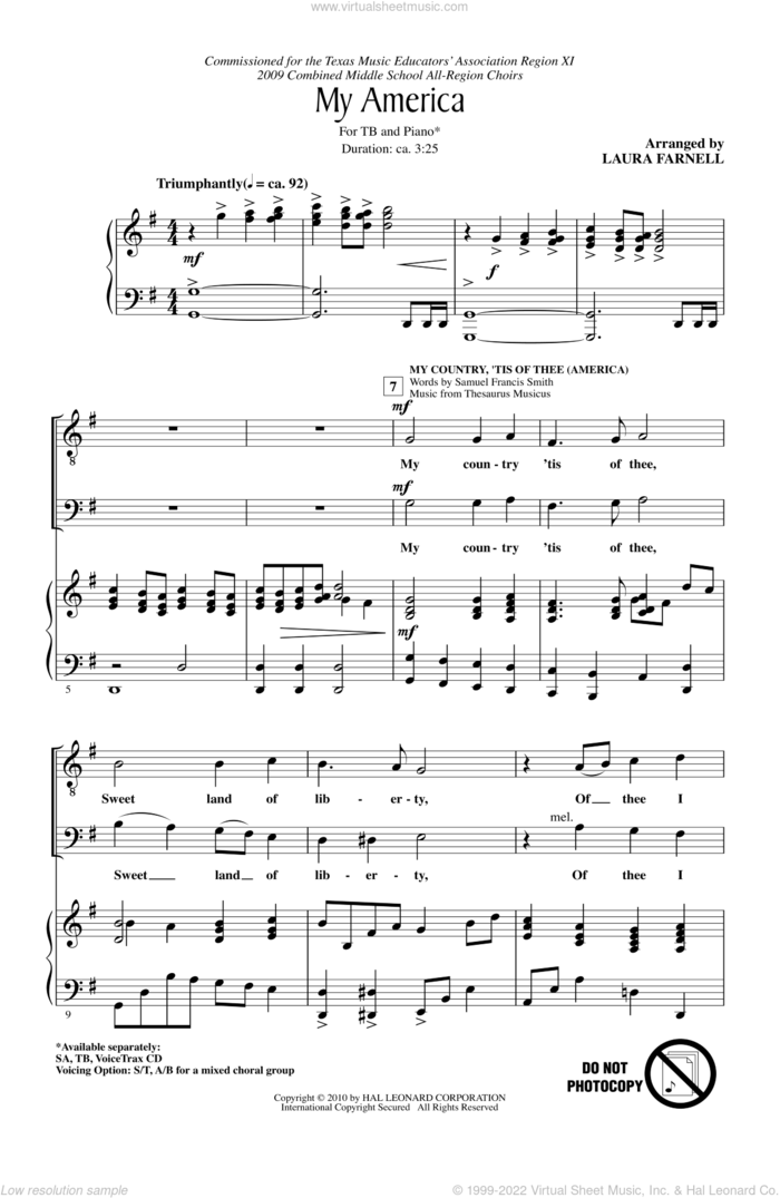 My America (Choral Medley) sheet music for choir (TB: tenor, bass) by Laura Farnell, intermediate skill level