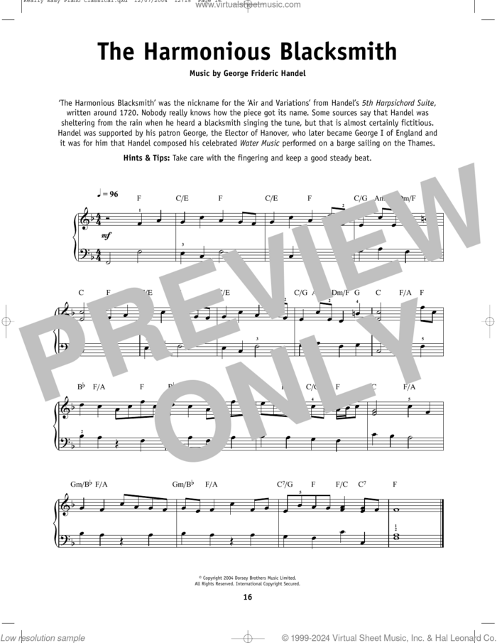 The Harmonious Blacksmith, (beginner) sheet music for piano solo by George Frideric Handel, classical score, beginner skill level