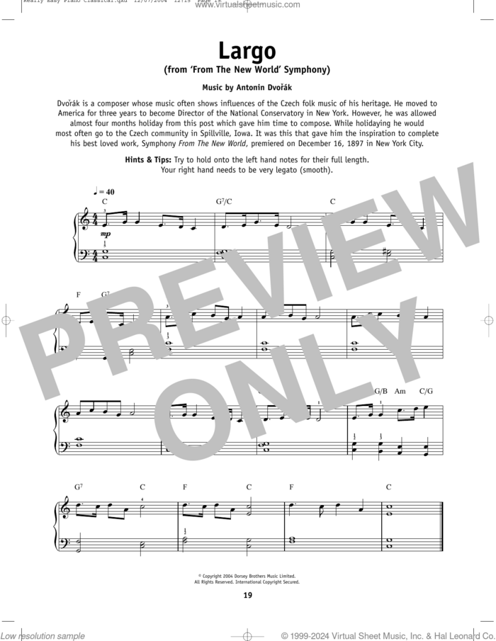 Symphony No. 9 In E Minor ('From The New World'), Second Movement Excerpt, (beginner) sheet music for piano solo by Antonin Dvorak, classical score, beginner skill level