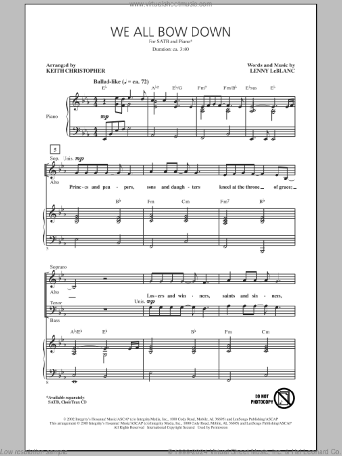 We All Bow Down sheet music for choir (SATB: soprano, alto, tenor, bass) by Lenny LeBlanc and Keith Christopher, intermediate skill level