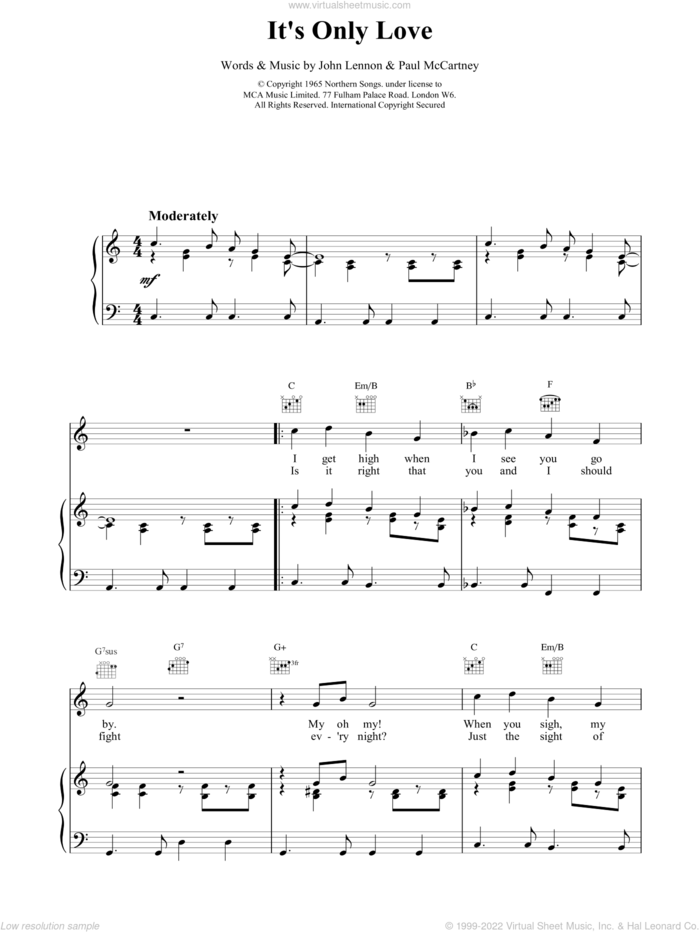 It's Only Love sheet music for voice, piano or guitar by The Beatles, intermediate skill level