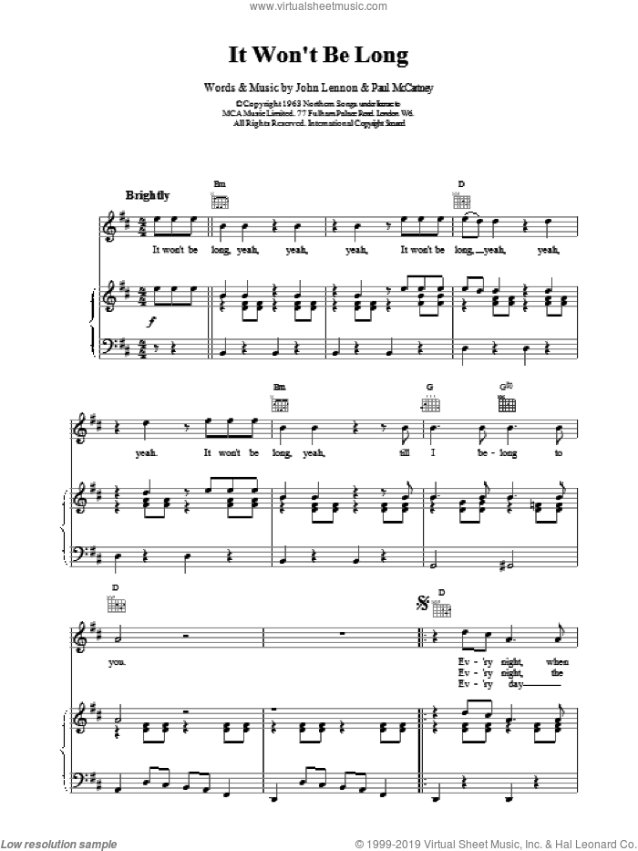 It Won't Be Long sheet music for voice, piano or guitar by The Beatles, intermediate skill level