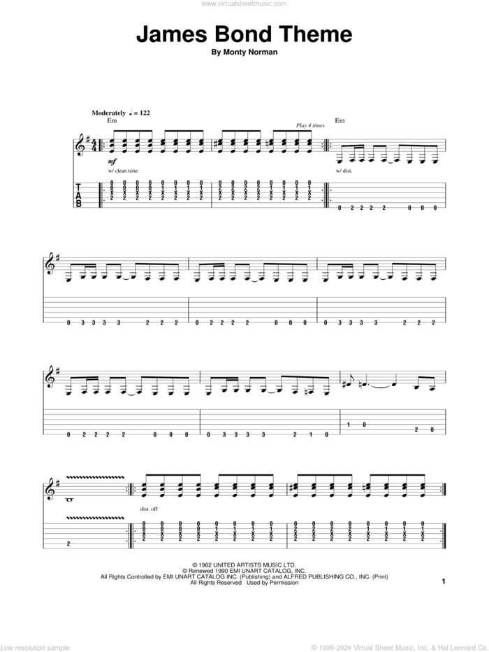 James Bond Theme sheet music for guitar (tablature, play-along) by The Ventures and Monty Norman, intermediate skill level