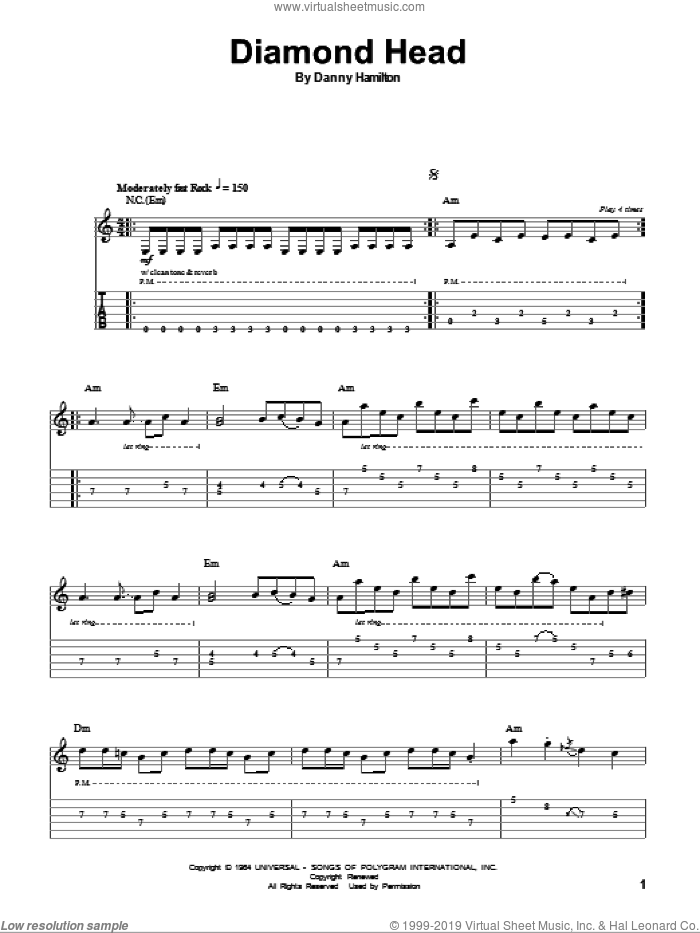 Diamond Head sheet music for guitar (tablature, play-along) by The Ventures and Danny Hamilton, intermediate skill level