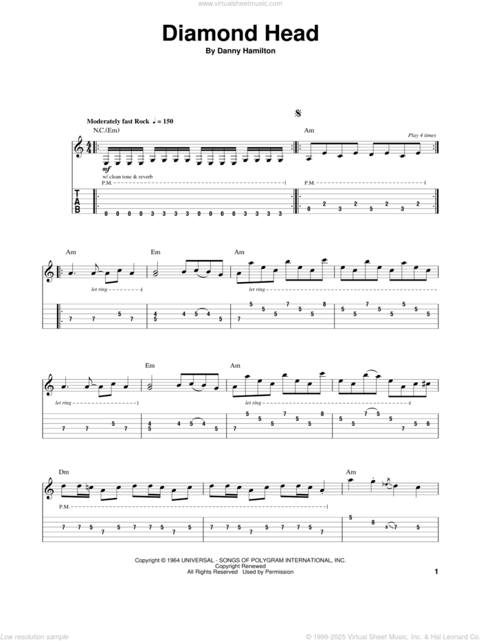 Diamond Head sheet music for guitar (tablature, play-along) by The Ventures and Danny Hamilton, intermediate skill level