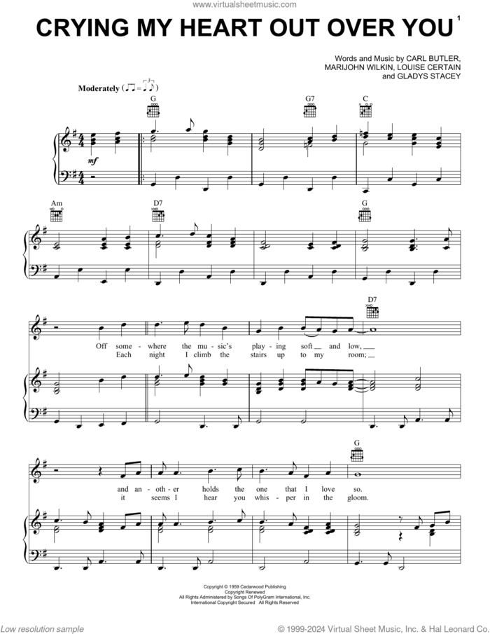 Crying My Heart Out Over You sheet music for voice, piano or guitar by Ricky Skaggs, Carl Butler, Gladys Stacey, Louise Certain and Marijohn Wilkin, intermediate skill level