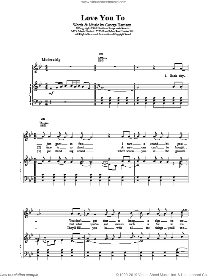 Love You Too sheet music for voice, piano or guitar by The Beatles and George Harrison, intermediate skill level