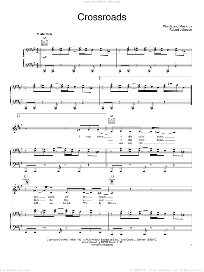 Cross Road Blues (Crossroads) sheet music for voice, piano or guitar by John Mayer and Robert Johnson, intermediate skill level