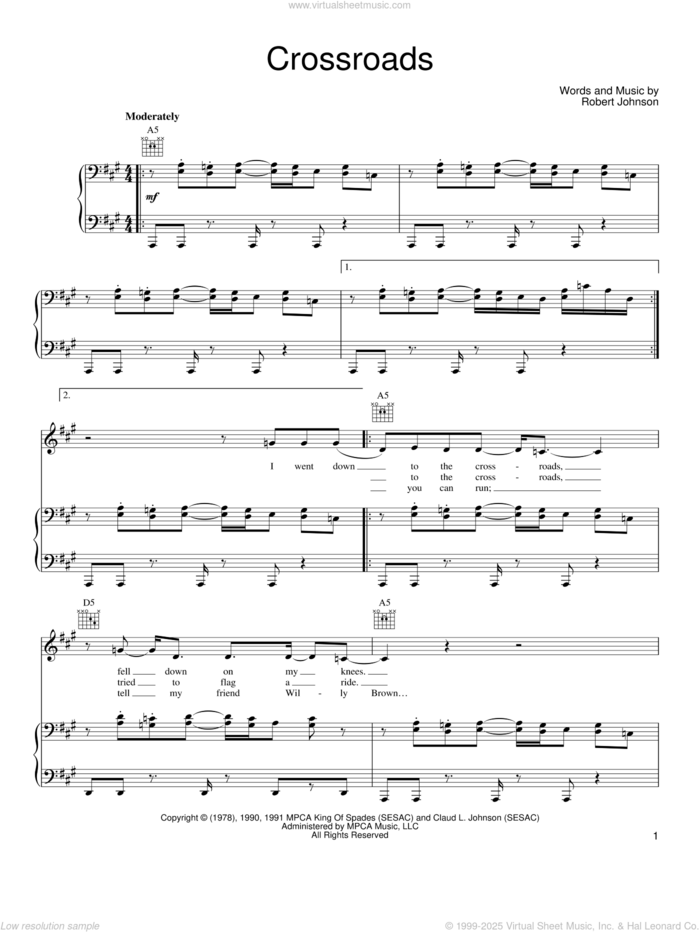 Cross Road Blues (Crossroads) sheet music for voice, piano or guitar by John Mayer and Robert Johnson, intermediate skill level