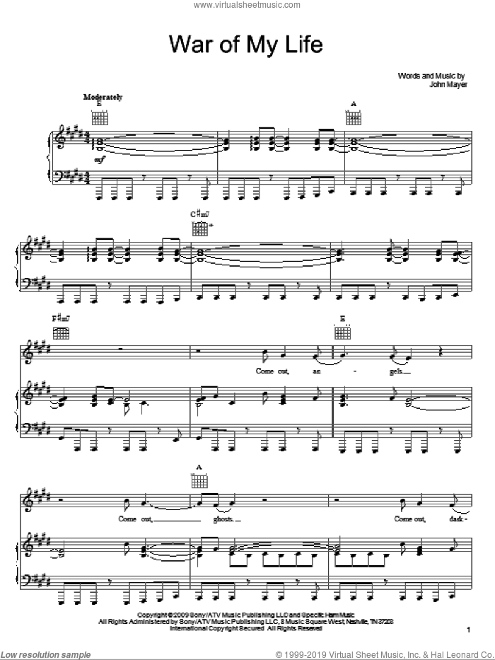 War Of My Life sheet music for voice, piano or guitar by John Mayer, intermediate skill level