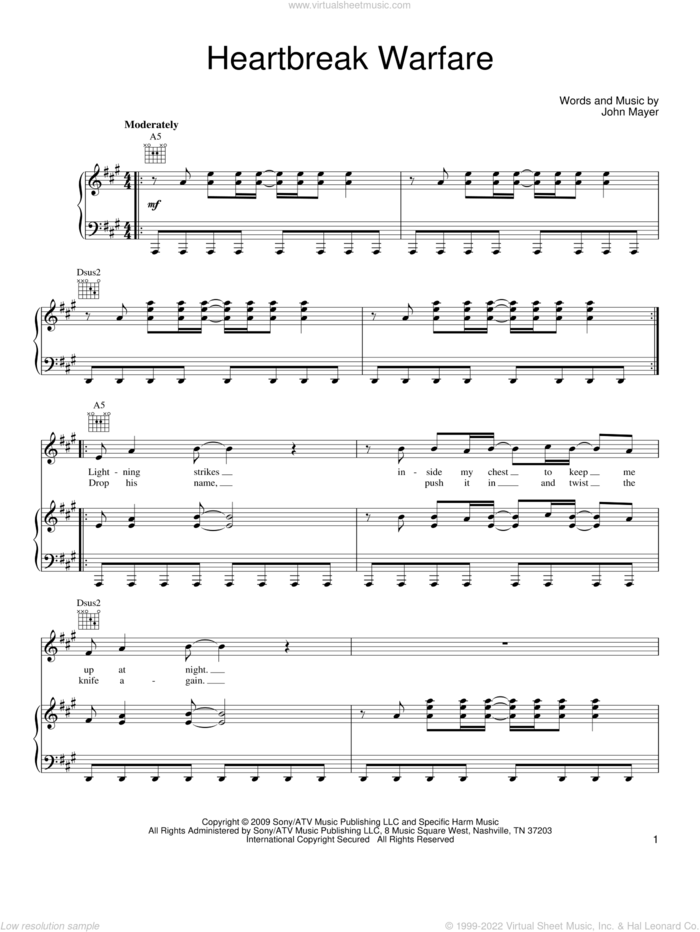 Heartbreak Warfare sheet music for voice, piano or guitar by John Mayer, intermediate skill level
